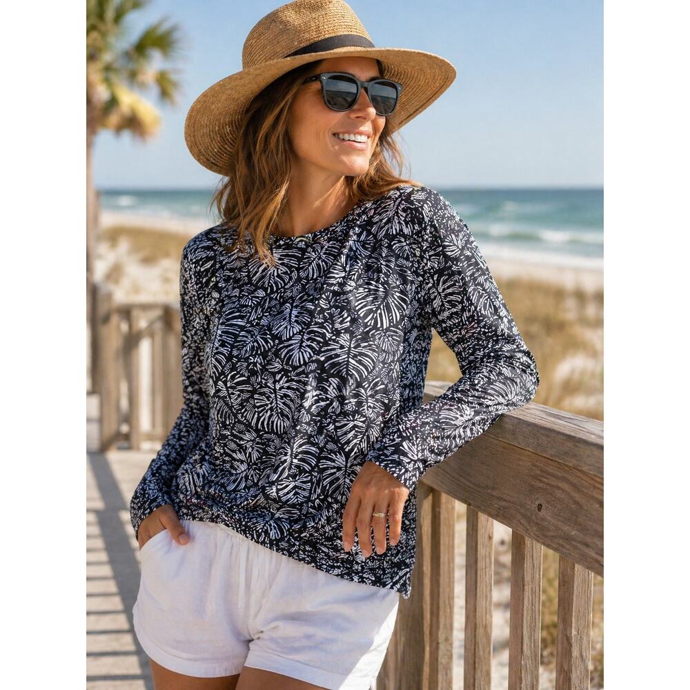 32 Degrees Womens UPF 50+ Rash Guard Shirt Size M Black White Long Sleeve Swim